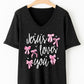 Gray Jesus Loves You Bow Knot Print V Neck Waffle Knit Loose T Shirt