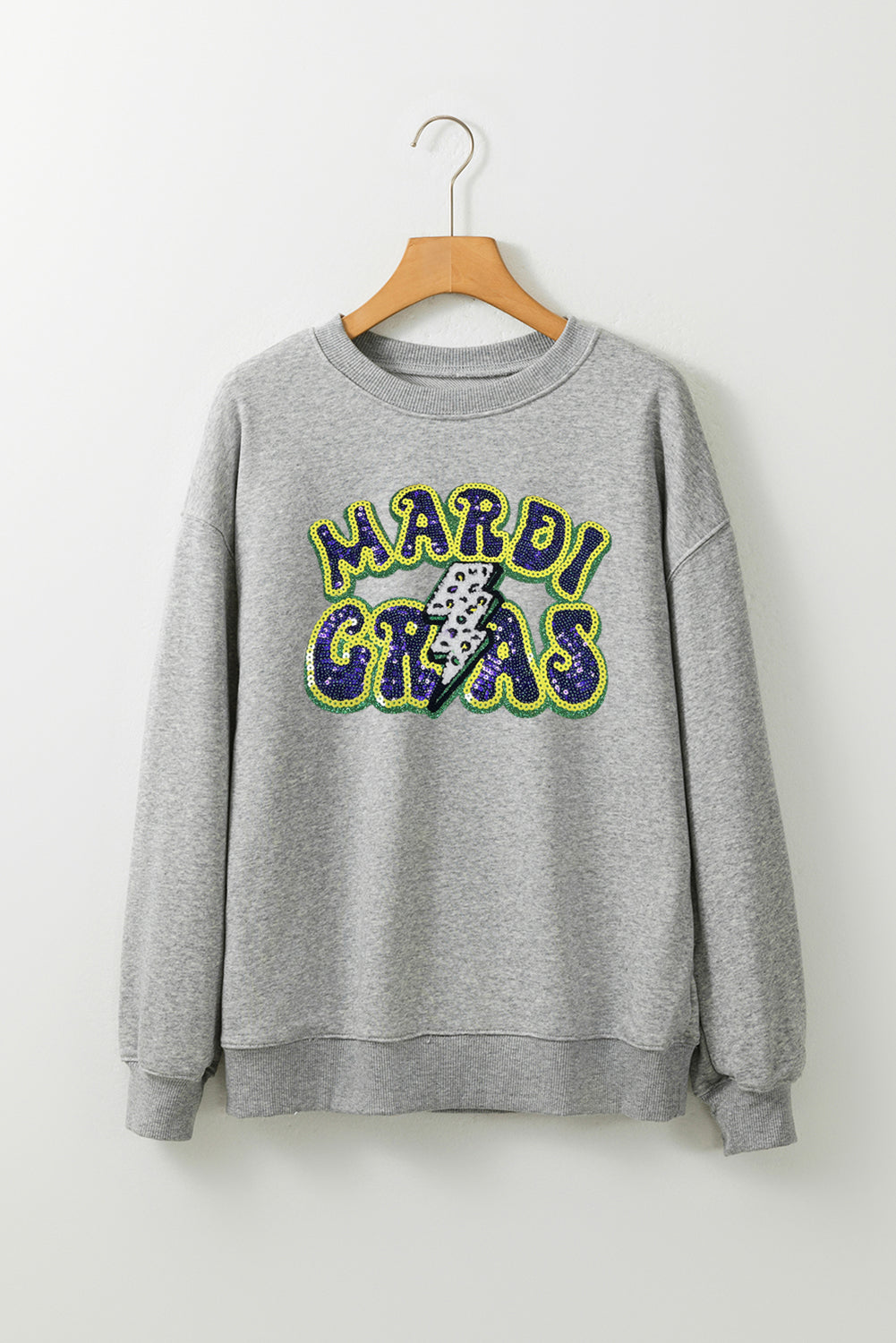 Gray Sequin Mardi Gras Lightening Graphic Pullover Sweatshirt