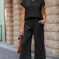 Black Solid Color Textured Short Sleeve Top and Casual Pants Set