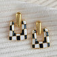 Black Checkered Pattern Square Shape Stud Dangle Earrings