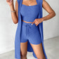 U Neck Ribbed Top & Drawstring Shorts Set With Open Front Coat