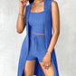 U Neck Ribbed Top & Drawstring Shorts Set With Open Front Coat