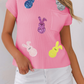 Pink Sequin Bunny Doll Graphic Ribbed High Neck Short Sleeve Sweater