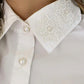 Floral Pattern Turn down Collar Puff Sleeve Beaded Design Long Sleeve Blouse Work Shirt