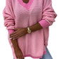 Pink Striped Scallop V Neck Loose Sweater with Slits