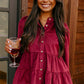 Burgundy Corduroy Ruffle Tiered Buttoned O Neck Shirt