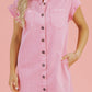 Pink Short Sleeve Double Chest Pocket Denim Shirt Dress