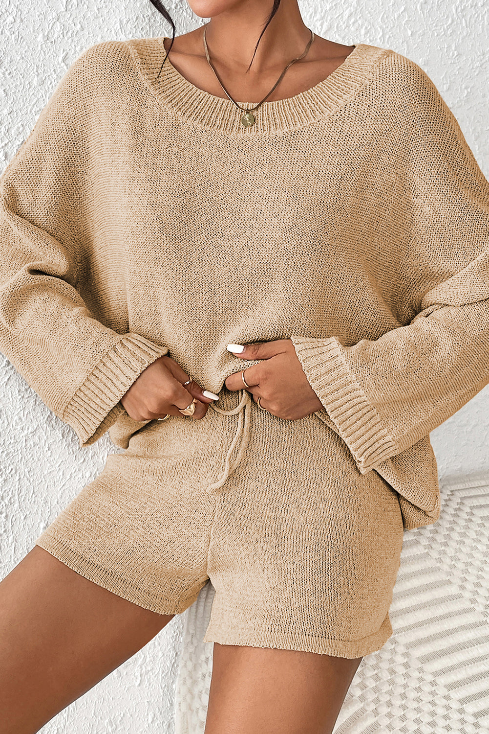 Khaki Solid Sweater Drawstring Shorts Outfit