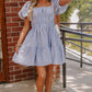 Sky Blue Stripe Bubble Sleeve Square Neck Ruched Pocketed Babydoll Dress