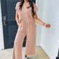 Smoke Gray Solid Corded Knit Short Sleeve T Shirt and Wide Leg Pants Set
