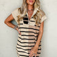 Khaki Stripe Color Block Quarter Zip Collar Short Sleeve Sweater Dress