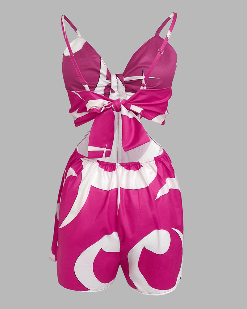 Floral Print Bowknot Decor Spaghetti Strap Skort Romper Casual Hollow out Slim Fit Jumpsuit