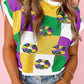 Tillandsia Purple Sequin Doughnut Graphic Colorblock Checkered Short Sleeve Sweater