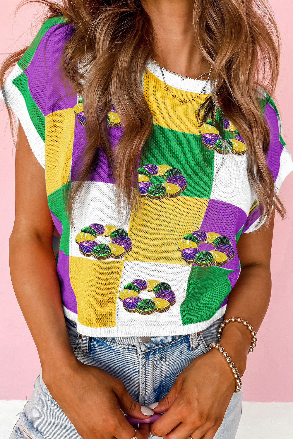 Tillandsia Purple Sequin Doughnut Graphic Colorblock Checkered Short Sleeve Sweater