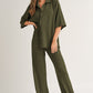 Four Leaf Clover Solid Color Textured Buttoned Shirt and Casual Pants Set