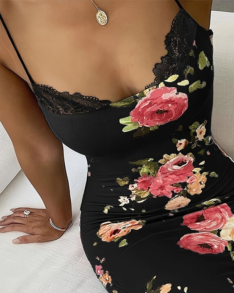 Lace Trim Spaghetti Strap Floral Print Dress