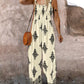 Graphic Print Square Neck Thick Strap Shirred Jumpsuit Wide Leg Overalls with Pockets