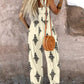 Graphic Print Square Neck Thick Strap Shirred Jumpsuit Wide Leg Overalls with Pockets