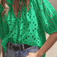 Green Flower Embroidered Hollow-out Puff Sleeve Blouse