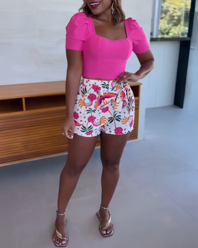 2 Pieces Outfit Square Neck Puff Sleeve Top and Casual Floral Print Tied Detail Shorts Set