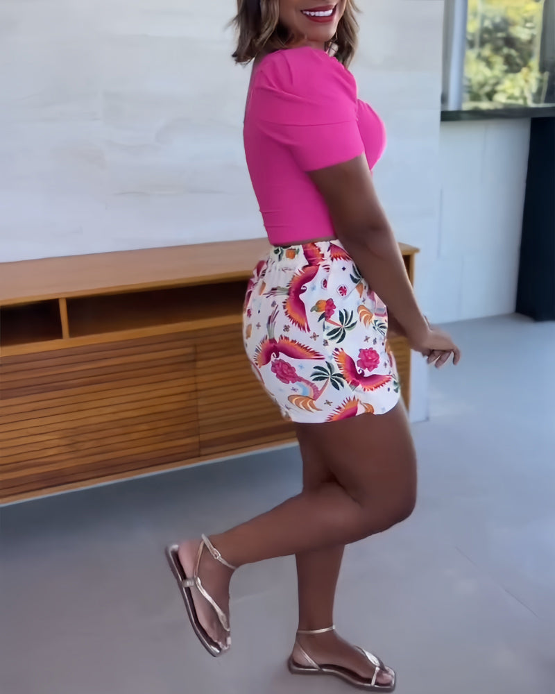 2 Pieces Outfit Square Neck Puff Sleeve Top and Casual Floral Print Tied Detail Shorts Set