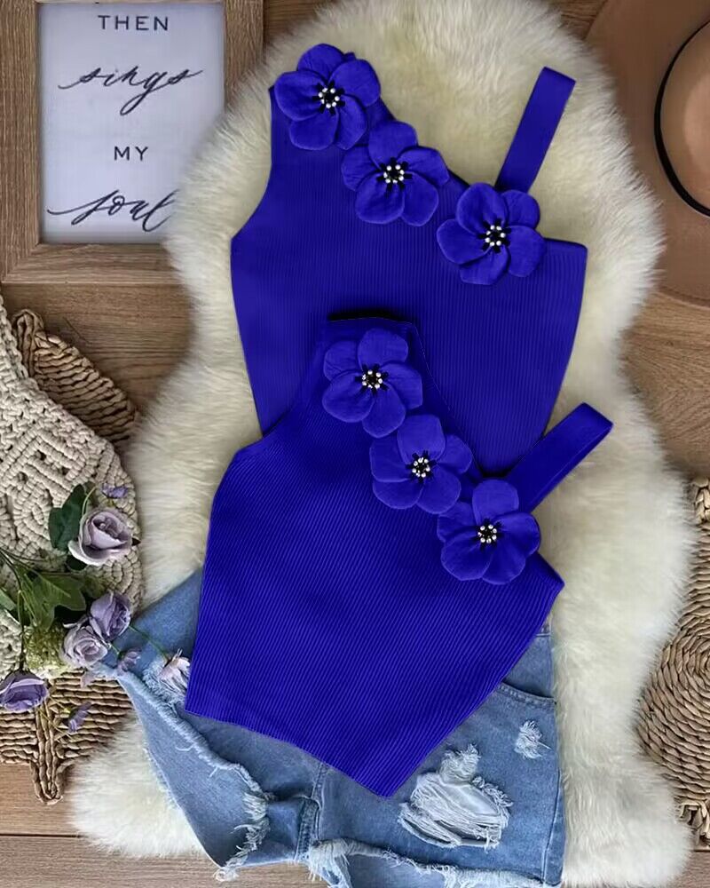 Floral Pattern Beaded Skew Neck Knit Tank Top