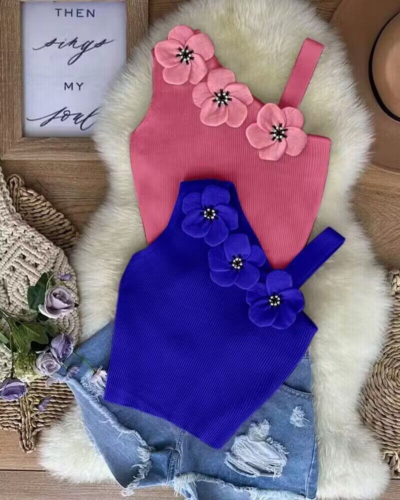 Floral Pattern Beaded Skew Neck Knit Tank Top