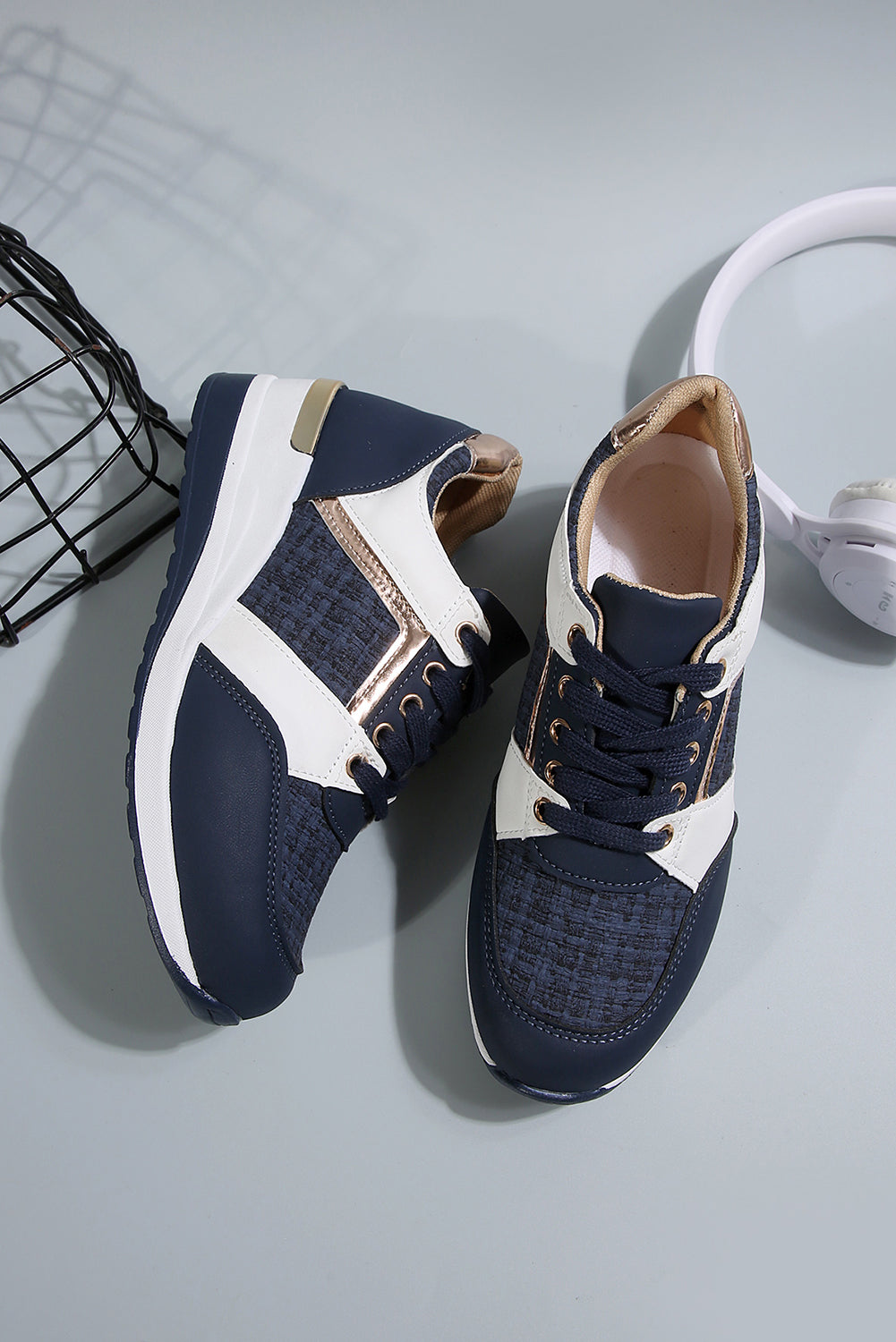 Sail Blue Glitter Patched Lace-up Wedge Sneakers