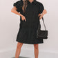 Black Shirt Style Button Down Puff Sleeve Ruffle Hem Dress