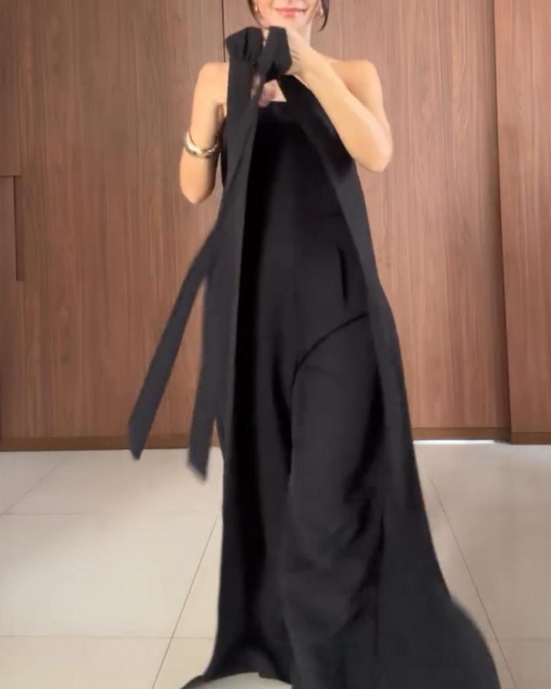 2 Pieces Outfit Plain Halter Cold Shoulder Front Slit Tied Detaill Top with Casual Business Pants Set