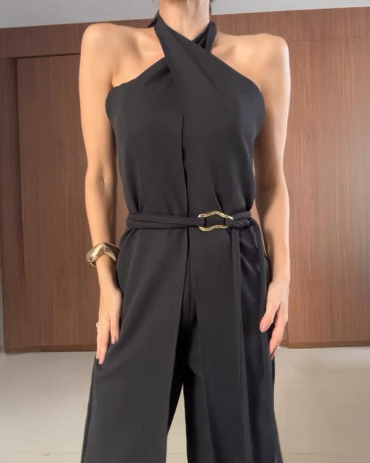 2 Pieces Outfit Plain Halter Cold Shoulder Front Slit Tied Detaill Top with Casual Business Pants Set