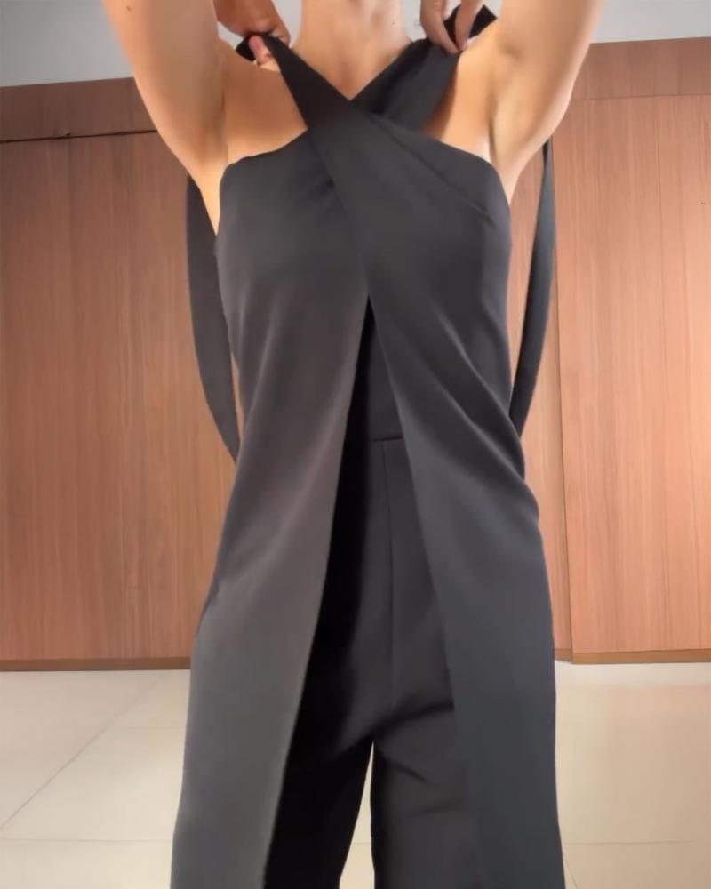 2 Pieces Outfit Plain Halter Cold Shoulder Front Slit Tied Detaill Top with Casual Business Pants Set