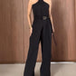 2 Pieces Outfit Plain Halter Cold Shoulder Front Slit Tied Detaill Top with Casual Business Pants Set