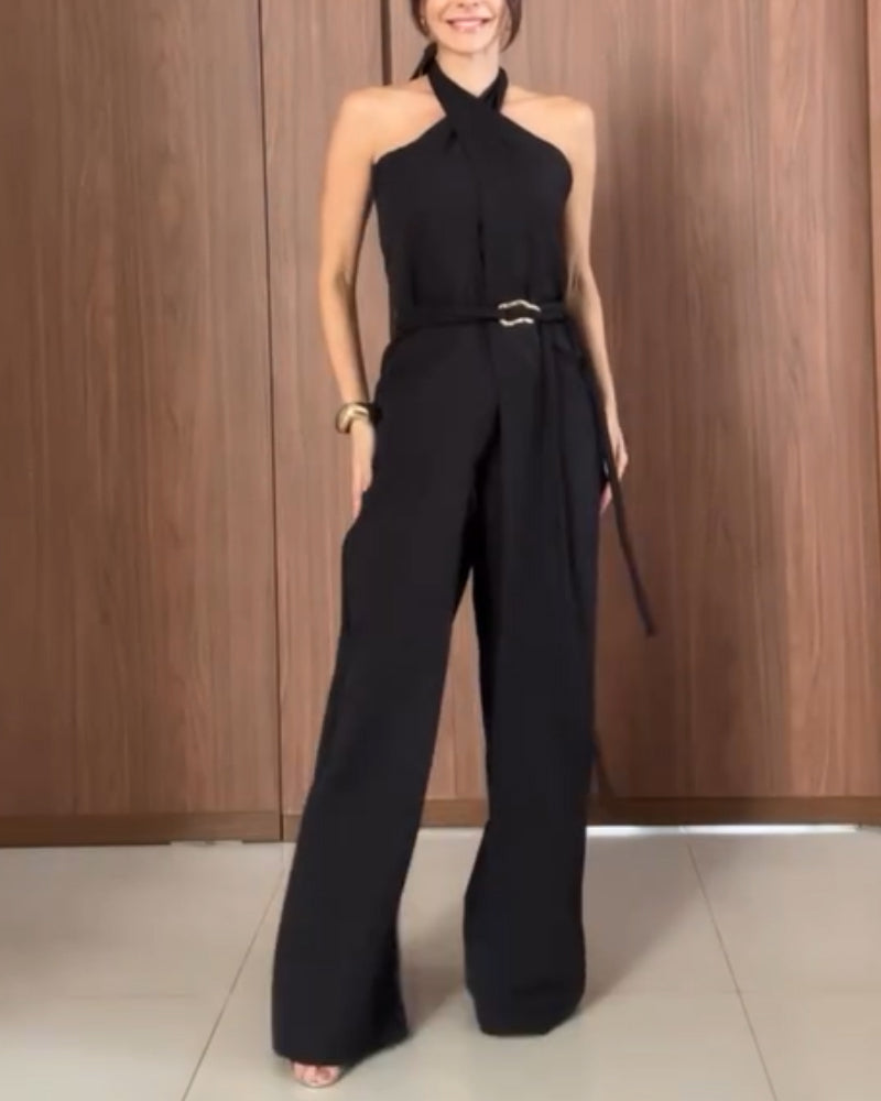 2 Pieces Outfit Plain Halter Cold Shoulder Front Slit Tied Detaill Top with Casual Business Pants Set