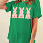 Bright Green Easter Floral Rabbit Print Crew Neck T Shirt