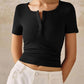 Henley V Neck Short Sleeve Tops Casual Button Up Ribbed Knit T Shirt