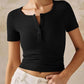 Henley V Neck Short Sleeve Tops Casual Button Up Ribbed Knit T Shirt