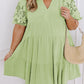 Laurel Green Floral Crochet Short Sleeve Notch V Neck Tiered Plus Size Mini Dress