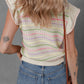Oatmeal Colorful Striped Eyelet Knit Ruffled Sleeve Sweater T Shirt