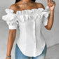 Off Shoulder Layered Ruffles Button down Asymmetrical Hem Top