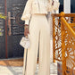 2 Pieces Outfit High Neck Lantern Sleeve Pocket Design Top and Casual Side Striped Print Ruched Wide Leg Flared Pants Set