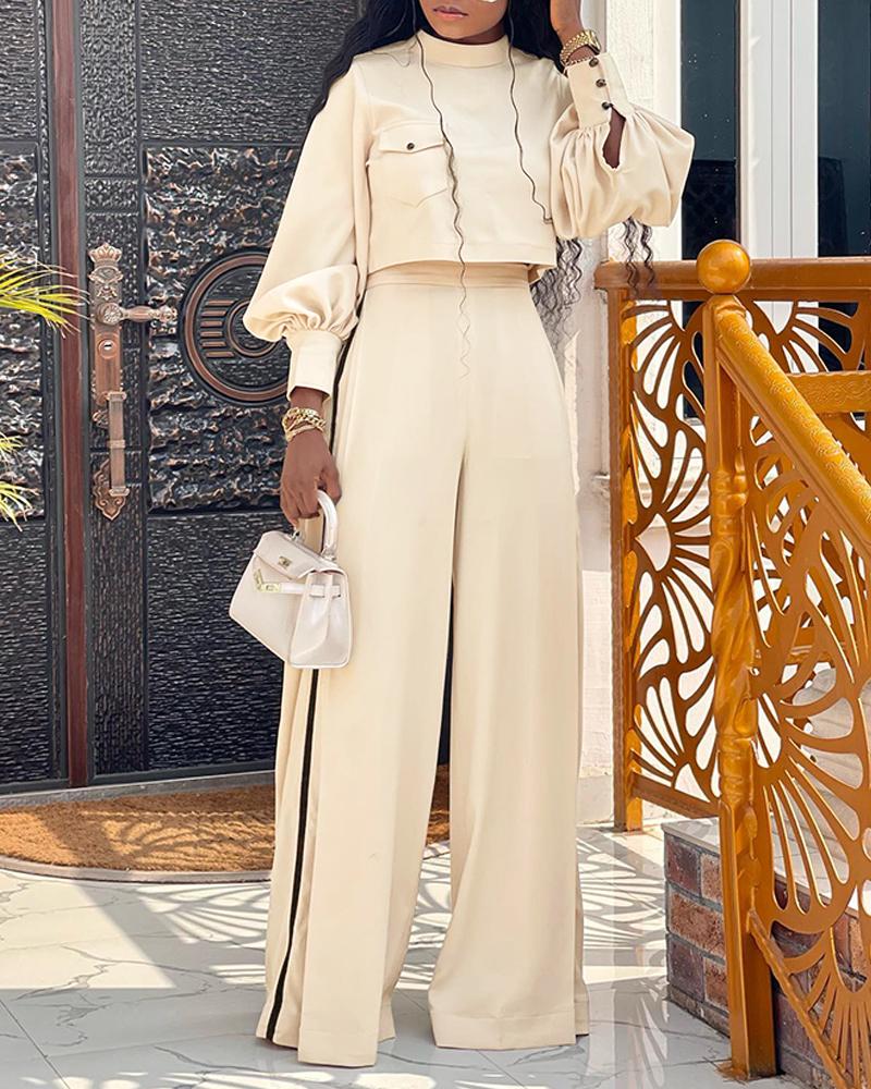 2 Pieces Outfit High Neck Lantern Sleeve Pocket Design Top and Casual Side Striped Print Ruched Wide Leg Flared Pants Set