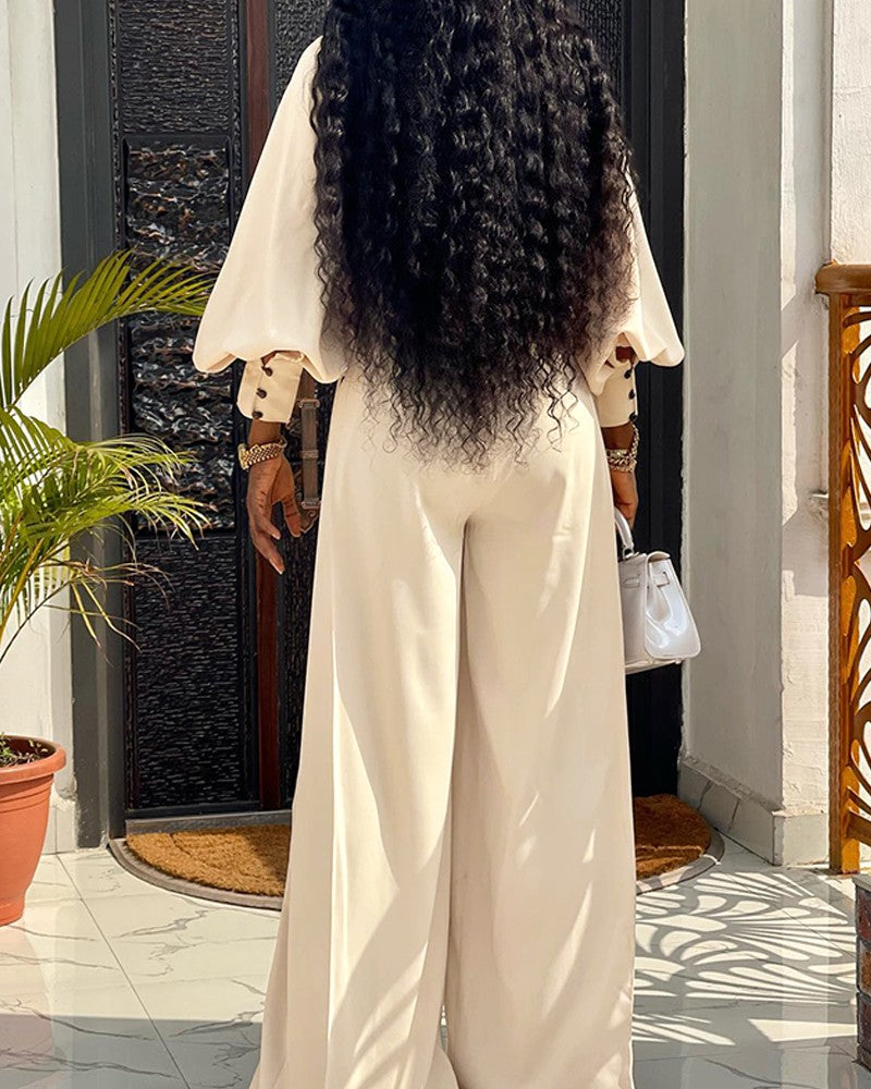 2 Pieces Outfit High Neck Lantern Sleeve Pocket Design Top and Casual Side Striped Print Ruched Wide Leg Flared Pants Set