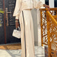 2 Pieces Outfit High Neck Lantern Sleeve Pocket Design Top and Casual Side Striped Print Ruched Wide Leg Flared Pants Set