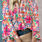 Multicolour Floral Print Bell Sleeve V Neck Blouse