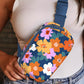 Sail Blue Flower Print Zipper Buckle Wide Strap Sling Bag