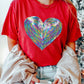 Red Rainbow Sequin Heart Shape Crew Neck T Shirt