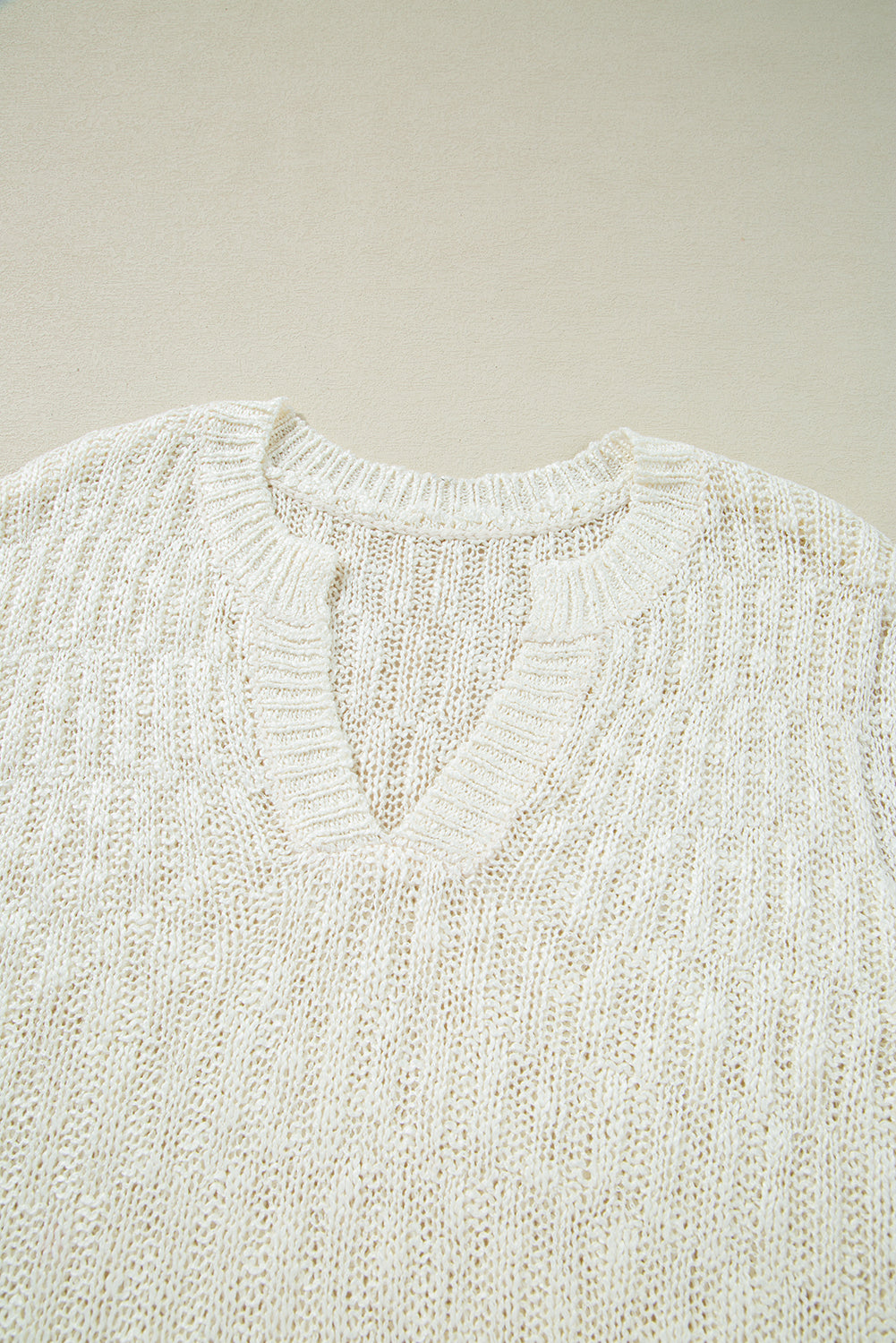 Beige Notched V Neck Short Sleeve Sweater