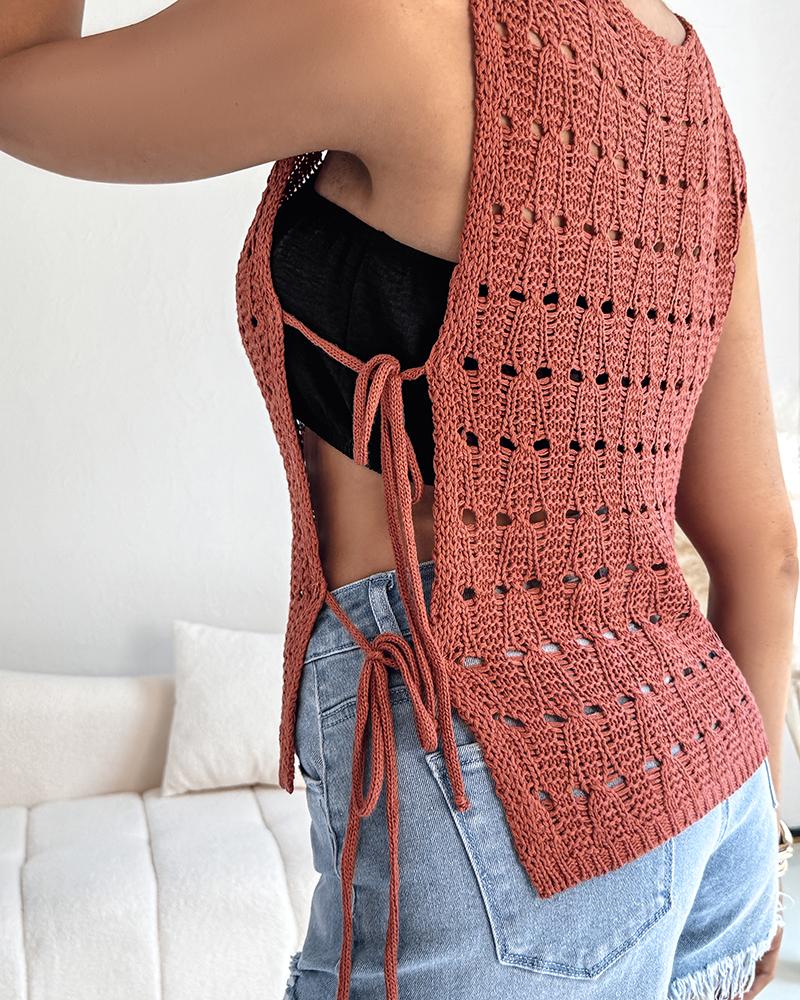 Round Neck Sleeveless Hollow out Crochet Sweater