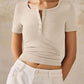 Henley V Neck Short Sleeve Tops Casual Button Up Ribbed Knit T Shirt